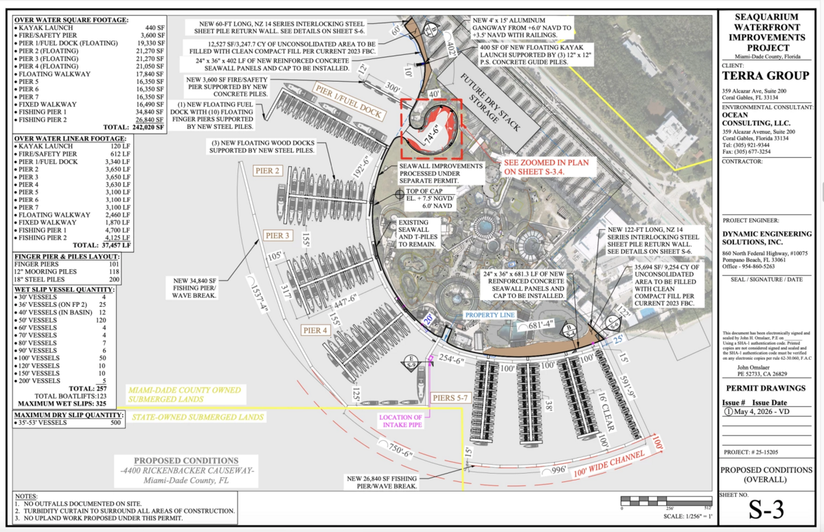 A schematic shows the layout for the planned marina at the Miami Seaquarium site on Virginia Key.